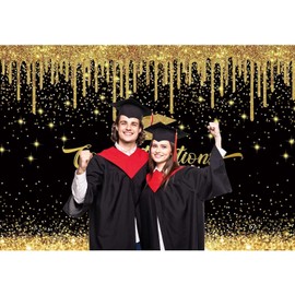 Felortte 12x8FT Polyester Fabric Gold and Black Graduation Photography Backdrop Congratulations Congrats Grad Background for Class of 2025 Graduation Prom Party Decoration Banner Picture Photo Studio