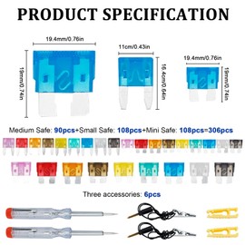 306PCS Car Fuses Assortment Kit, Mixed Vehicle Blade Fuses with Circuit Tester, Standard & Mini & Low Profile Mini Fuse (2A 5A 7.5A 10A 15A 20A 25A 30A 35A) Car Fuse Kit for RV, Auto, SUV, Truck