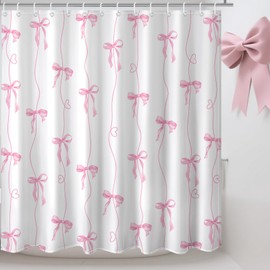 Mocsicka Pink Bow Shower Curtain for Bathroom, Coquette Cute Shower Curtain for Girls Women Waterproof Fabric Bow Bathroom Decor Bath Curtain with 12 Hooks, 72 X 72 Inch