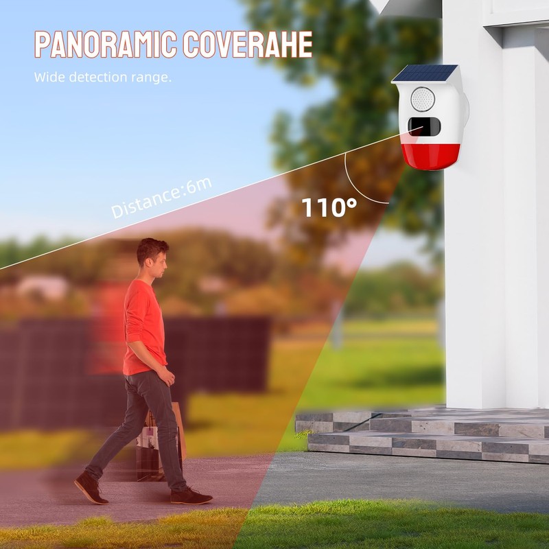 Solar Outdoor Motion Sensor Alarm, Waterproof Solar Strobe Siren Alarm