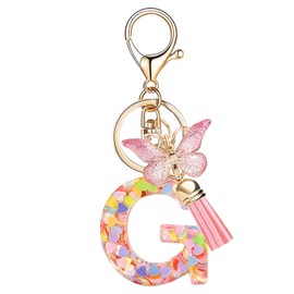 Nodigao Keyring with Loops for Girls Women with Tassels Pink Butterfly Letter Key Bag Charm, G