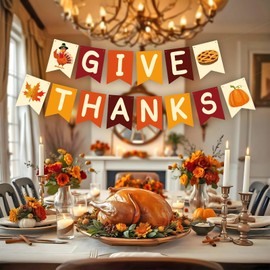 Pre-Strung Give Thanks Banner Thanksgiving Decorations Friendsgiving Party Decorations Thanksgiving Banner for Home Office Wall Mantle Fall Decor