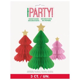 Assorted Red, Green & Cream Tree Honeycomb Tissue Centerpieces with Gold Stars - (Pack of 3) - Perfect for Holiday Parties, Christmas Decor, and Festive Celebrations