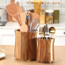Teenyyou 2 Pcs Wooden Utensil Holder 360° Rotating Kitchen Utensil Holder 7.3" and 5.7" Large Cooking Utensil Holder Wood Utensil Crock for Kitchen Countertop Farmhouse Home Decoration