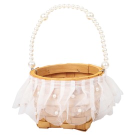 Woven Flower Girl Basket for Wedding, 22× 15cm Small Wedding Flower Basket with Pearl Handle(Style-01)