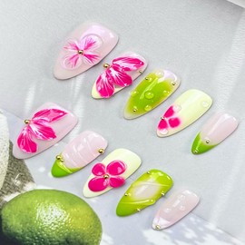 100% Handmade Press on Nails Medium Almond Handmade Nails with Hot Pink Flower Charm Design Summer False Nails Glossy Green French Nail Press ons Reusable Gold Pearl Fake Nails for Women Size M 10Pcs