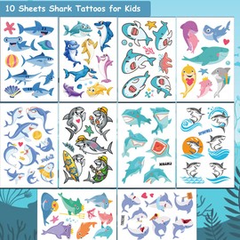 Hohamn Shark Temporary Tattoos for Kids - 10 Sheets Ocean Shark Fake Tattoos for Boys Girls Birthday Decorations Party Favors Supplies