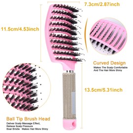 (2 Pcs)Boar Bristle Hair Brush, MOIHSING Curved & Vented & Fast Dry Detangling Hair Brush for Men Women Girls Kids Wet, Long, Thick, Curly and Tangled Head Massage Hair Styling Hair Blow Drying Brush