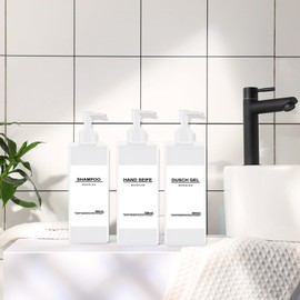 Roselee Set of 4 Soap Dispensers, 500 ml Soap Dispenser, Shower, Plastic Pump Dispenser with Funnel and Waterproof Labels, Shampoo Dispenser for Kitchen, Bathroom, White