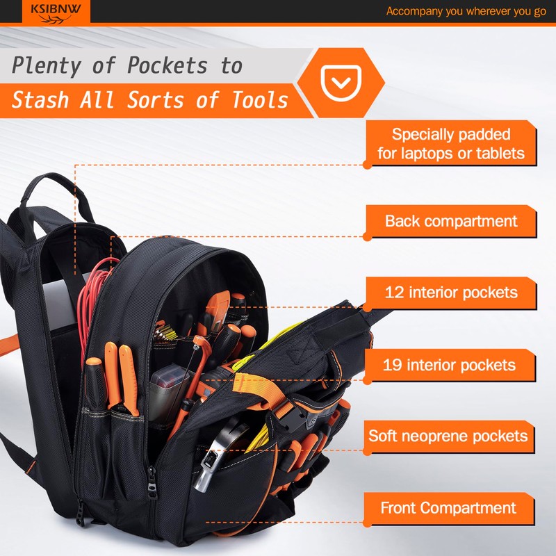 KSIBNW Tool Backpack Heavy Duty for Men, 45-Pockets Organizer Bags