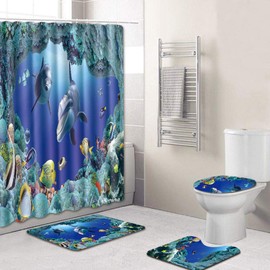 Aisaving 16 Pieces Bath Set Super Soft Bath Mat, U-Shaped Contour Mat, Shower Curtain,Toilet Seat Cover, 12 Matching Roller Shower Hooks (Style_01)