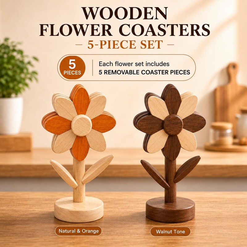 Sunflower Trivets for Hot Dishes, 5Pc Wooden Tree Trivet Stand