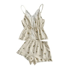 OYOANGLE Women's 2 Piece Graphic Print Pajama Set Contrast Lace Bow Front Ruffled Hem Cami Top and Shorts Lounge Sets Beige Large