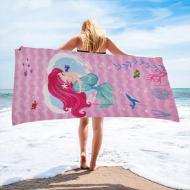 stampringt Extra Large Cute Pink Stripe Mermaid Beach Towels for Adult Girls, Big Oversized Thick Microfiber Terry Cloth Sandproof Quick Dry 30 x 60