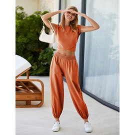 Seetaa Womens 2 Piece Sweatsuits Sets Casual Workout Cropped Tee Top High Rise Sweatpants Athletic Tracksuits(Rust-Small)