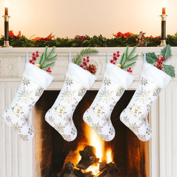 4 Pack Snowy White Christmas Stockings with Faux Fur, Plush
