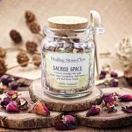 Sacred Space Custom Sage Smudge Mix with White Sage, Eucalyptus Leaves, Palo Santo Chips, and Red Rose Petals in Glass Apothecary Jar