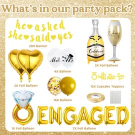 FeteDecor Engagement Party Decorations - Gold Balloons, She Said Yes Banner, Ring Balloons, Cupcake Topper, Wedding Party Supplies