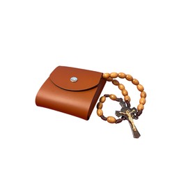 Saint Benedict Rosary, Knot and Beads, Wooden with Cognac color Case, 20 Inch Light Wood Metal Prayer Necklace with bonded leather case, Traditional Religious Design. MADE IN ITALY.