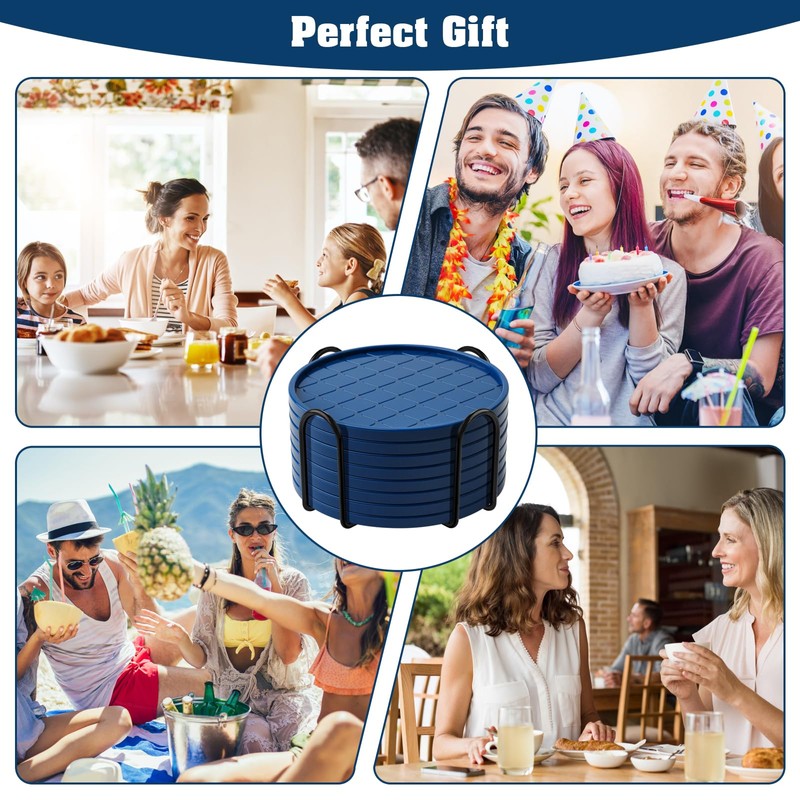 Coasters,Drink Coasters Set of 8 with Holder (Navy Blue, 12pcs)