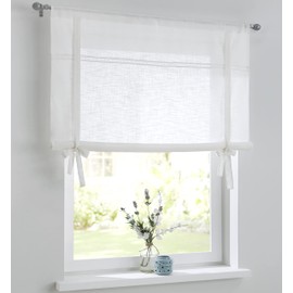 Vicky White Roman Blind, Linen Look with Hemstitch Lace, Drawstring, Country House Curtain, Kitchen, Cotton, Tie Curtain, Roll Curtain, Width 80 cm x Height 100 cm