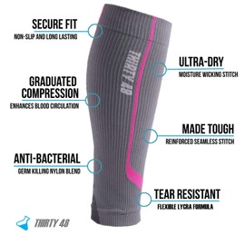 Graduated Compression Sleeves by Thirty48 Cp Series, Calf/Shin Splint Guard Sock; 1 Pair; Maximize Faster Recovery by Increasing Oxygen to Muscles; Great for Running, Cycling, Walking, Basketball, Football Soccer, Cross Fit, Travel; Money Back Guarantee Gray/Pink Small
