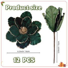 ZHANGBY 12 Pcs Christmas Velvet Poinsettia Flowers Ornaments, Glitter Artificial Magnolia for Xmas Tree Decorations (Dark Green, 8.8 Inch)