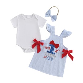 BeQeuewll Baby Girl 4th of July Outfit Infant Dresses Romper Letter Embroidery Overall Skirt Set 3Pcs Girl Patriotic Clothes (Bow 1st-Blue, 6-9 Months)