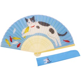 Keisuu 4526847142568 Japanese Pattern Silk Fan with Bag Cat (Blue) 8.3 x 15.0 x 1.0 inches (21 x 38 x 2.5 cm)