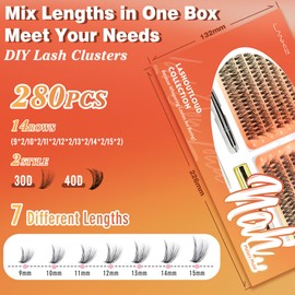 Cluster Lashes Kit with Lash Bond Seal and Remover,LANKIZ Individual Eyelashes KIT 30D+40D 9-15mm C Curl DIY Lash Extension Kit Natural Fluffy Reusable