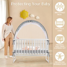 Crib Tent to Keep Baby from Climbing Out - Mesh Crib Climbing Prevention, Pop Up Baby Crib Tent, Two-Way Self-Locking Metal Zipper (Grey, Large)