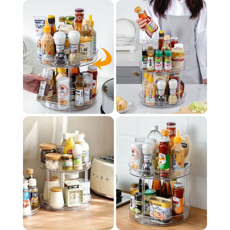 Roninkier 2-Tier Clear Lazy-Susan Turntable – 11-Inch Pantry Spice-Rack Cabinet-Organizer