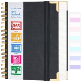 Spiral Notebook, 365 Page Hardcover Leather Notebook Journal, Large B5 Lined Journal for Women Men, College Ruled Notebooks for Work School, Journals for Writing, 24pcs Index Tabs, 8" x 10", Black