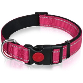 RSYHVG Reflective Nylon Dog Collar with Safety Buckle, Adjustable Pet Collars with Soft Neoprene Padding for Medium Dogs, Hot Pink
