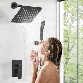 Shower System Rainfall Shower Faucets Set Matte Black, 8 Inch Wall Mounted Rain Shower Head with Handheld Spray Shower Valve and Trim Included