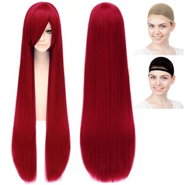 CaseEden 6126 Premium Cosplay Wig, Smooth, Long Hair, 39.4 inches (100 cm), Dark Red, Dark Red