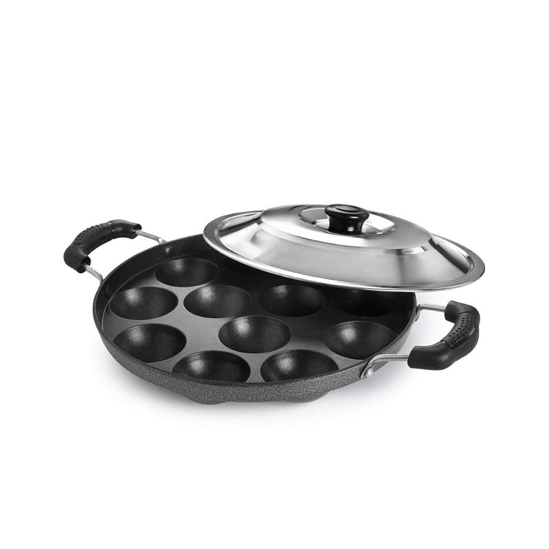 TOSAA 12 Cavity Appam Patra Side Handle with Lid, 23
