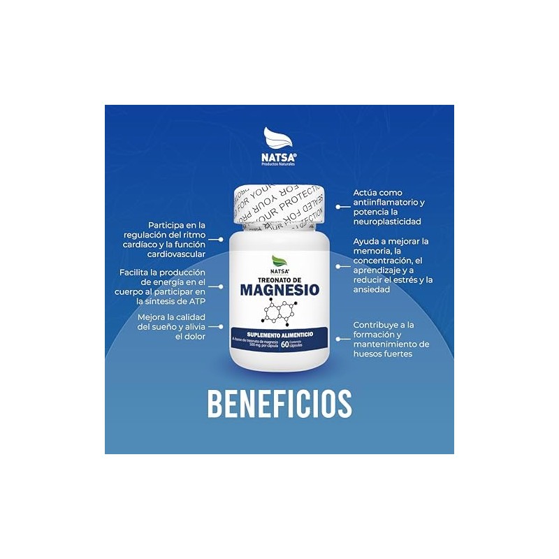 NATSA Treonato de Magnesio 60 Cápsulas 500 mg de Treonato
