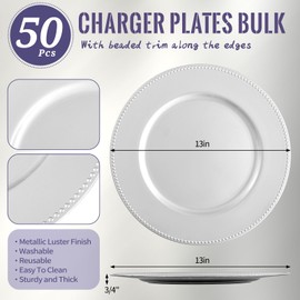 Lumaycens 50 Pcs Silver Charger Plates 13" Round Charger Plates Bulk Beaded Charger for Dinner Plate Decorative Silver Plastic Charger Plate for Wedding Party Event Baby Bridal Shower