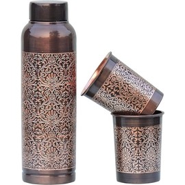 ANCIENTIMPEX Pure Copper Water Bottle with 2 Tumblers Set, Beautiful Floral Pattern Light House Shape For Ayurveda Health Benefits