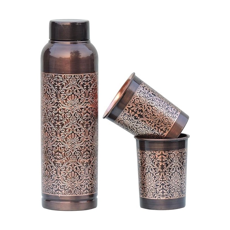 ANCIENTIMPEX Pure Copper Water Bottle with 2 Tumblers Set, Beautiful
