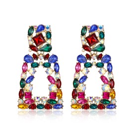 Flyonce Rectangle Geometric Clip-on Earrings for Women, Sparkly Colorful Rhinestone Crystal Geometric Statement Earrings for Non Pierced Ears