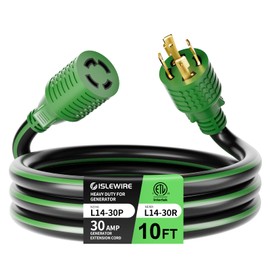 ISLEWIRE 4 Prong 30 Amp Extension Generator Cord 10FT, NEMA L14-30P/L14-30R, 125/250 Volt Up to 7500 Watts, 10 Gauge SJTW Twist Lock Power Cord for Manual Transfer Switch, Black&Green, ETL Listed