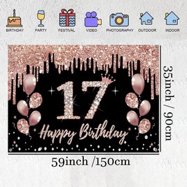 17th Birthday Decorations for Girls, Party Decoration Black and Rose Gold, 17th Birthday Fabric Sign Hanging Poster, 17th Birthday Backdrop Banner Party Welcome Sign