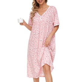 AVIIER Nightgows for Women Soft Cotton Night Shirts Short Sleeve Sleepwear with Pockets (Pink Flower 2, XX-Large)
