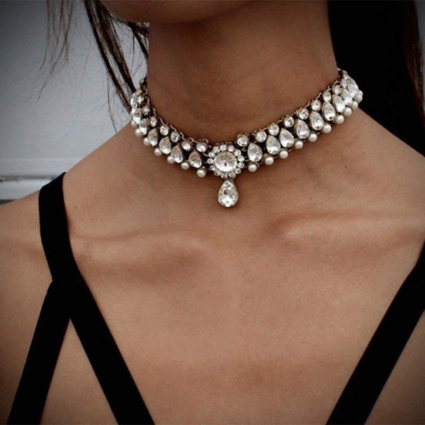(Silver) - YERTTER Fashion Sparkly Womens Pearl Collar Crystal Diamond