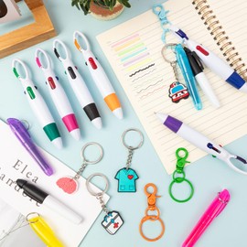 KFPPLXQ 30 Pieces Mini Highlighter Nurse Pens for Badge Reel Pen Include 6 Tip Highlighter 6 Permanent Marker Pen and 6 Retractable Ball Pen with 6 Nursing Keychain Clip