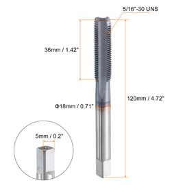 sourcing map 5/16"-30 UNS Thread Tap 6542 Cobalt High-Speed Steel TiCN Coated Plug Tap Right Hand Flat Head 3 Straight Flutes Screw Threading Hand Tap
