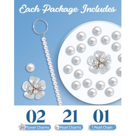 Toykee Pearl Flower Charms for Bogg Bags Accessories Women Girls with Detachable Chain - Stylish Durable Decorative for Croc Simply Southern Totes Rubber Beach Bags Pearl