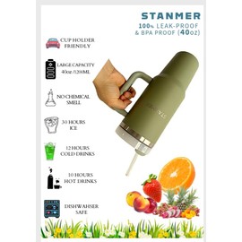 STANMER 40oz Tumbler, Stainless Steel Vacuum Double Insulated With Handle, Lid And Straw for Coffee, Tea, Water and Cold Drinks (Black)